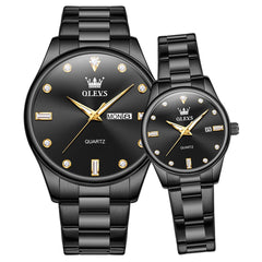 OLEVS 3621Q Minimalist Diamond Quartz Couple Watches Set - All Black Watch | Olevs Watch Store