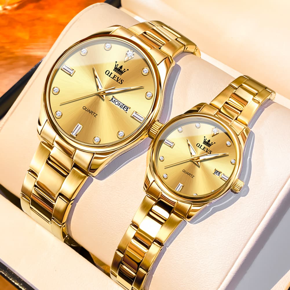 OLEVS 3621Q Minimalist Diamond Quartz Couple Watches Set - All Gold Watch | Olevs Watch Store