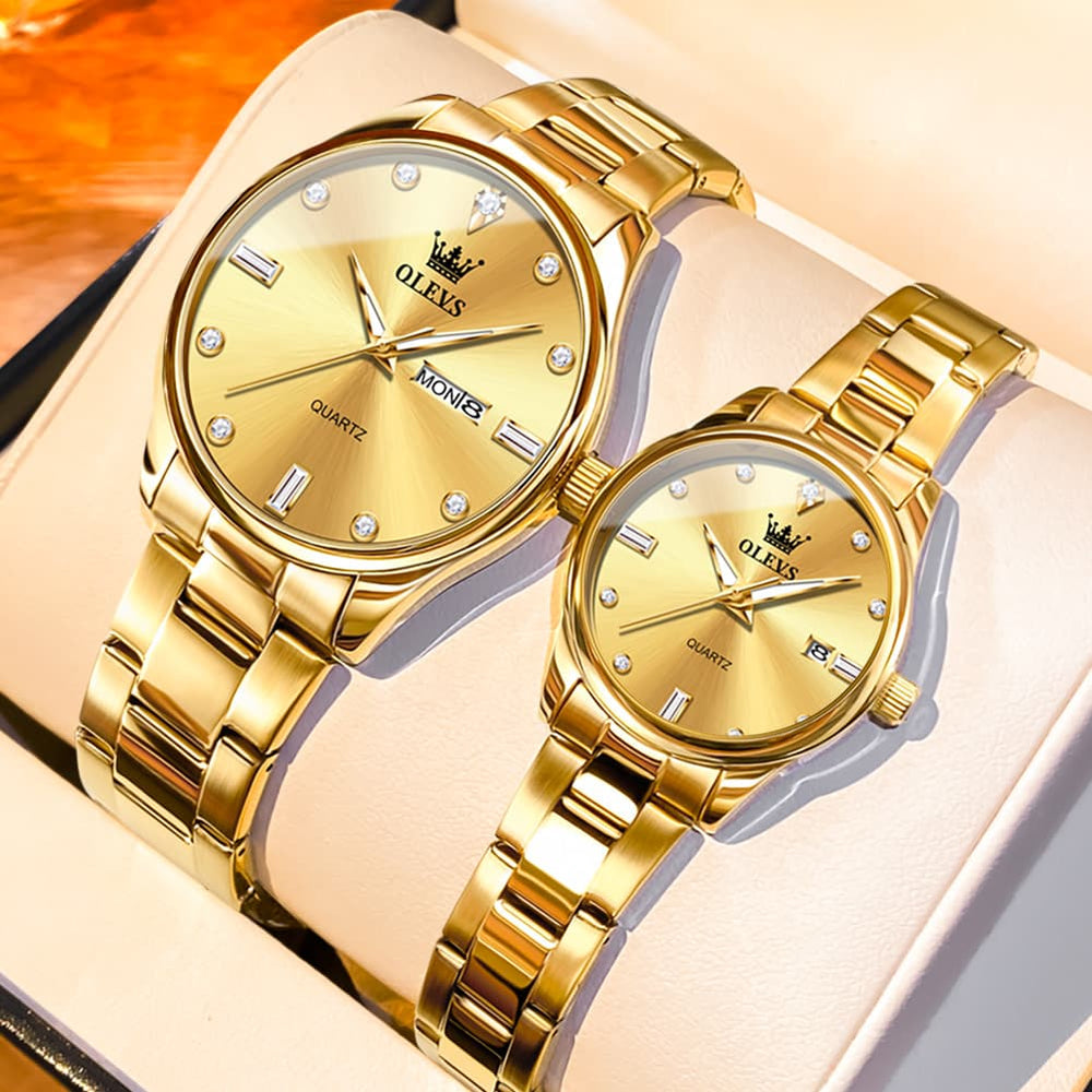 OLEVS 3621Q Minimalist Diamond Quartz Couple Watches Set - All Gold Watch | Olevs Watch Store