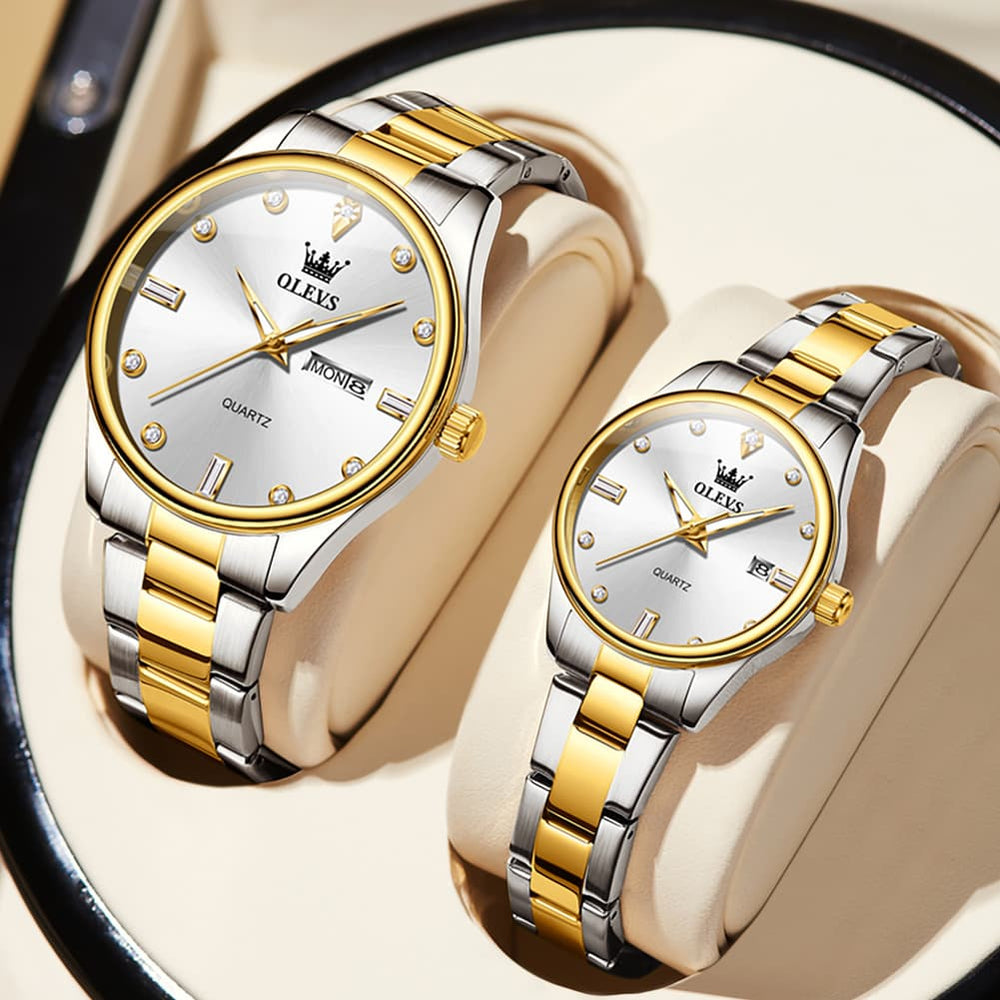 OLEVS 3621Q Minimalist Diamond Quartz Couple Watches Set - All Gold Watch | Olevs Watch Store