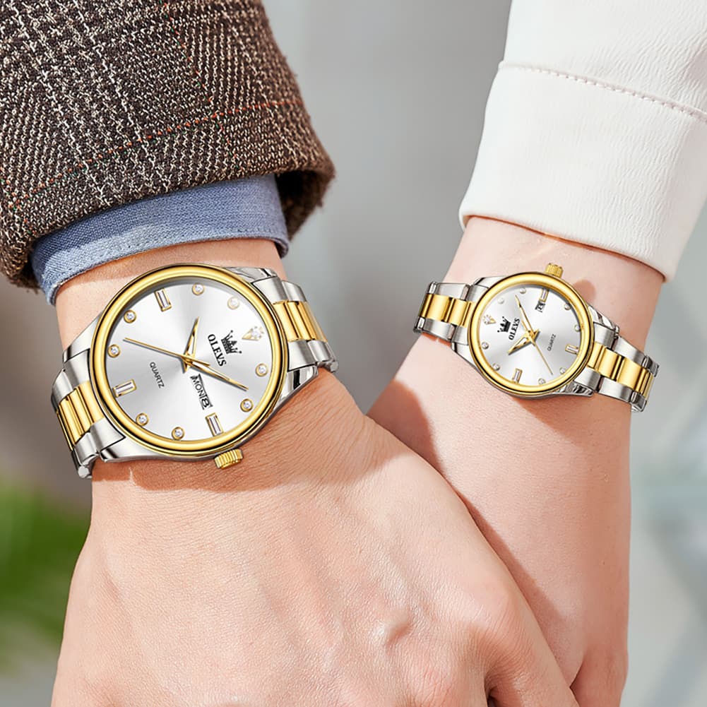 OLEVS 3621Q Minimalist Diamond Quartz Couple Watches Set - All Gold Watch | Olevs Watch Store