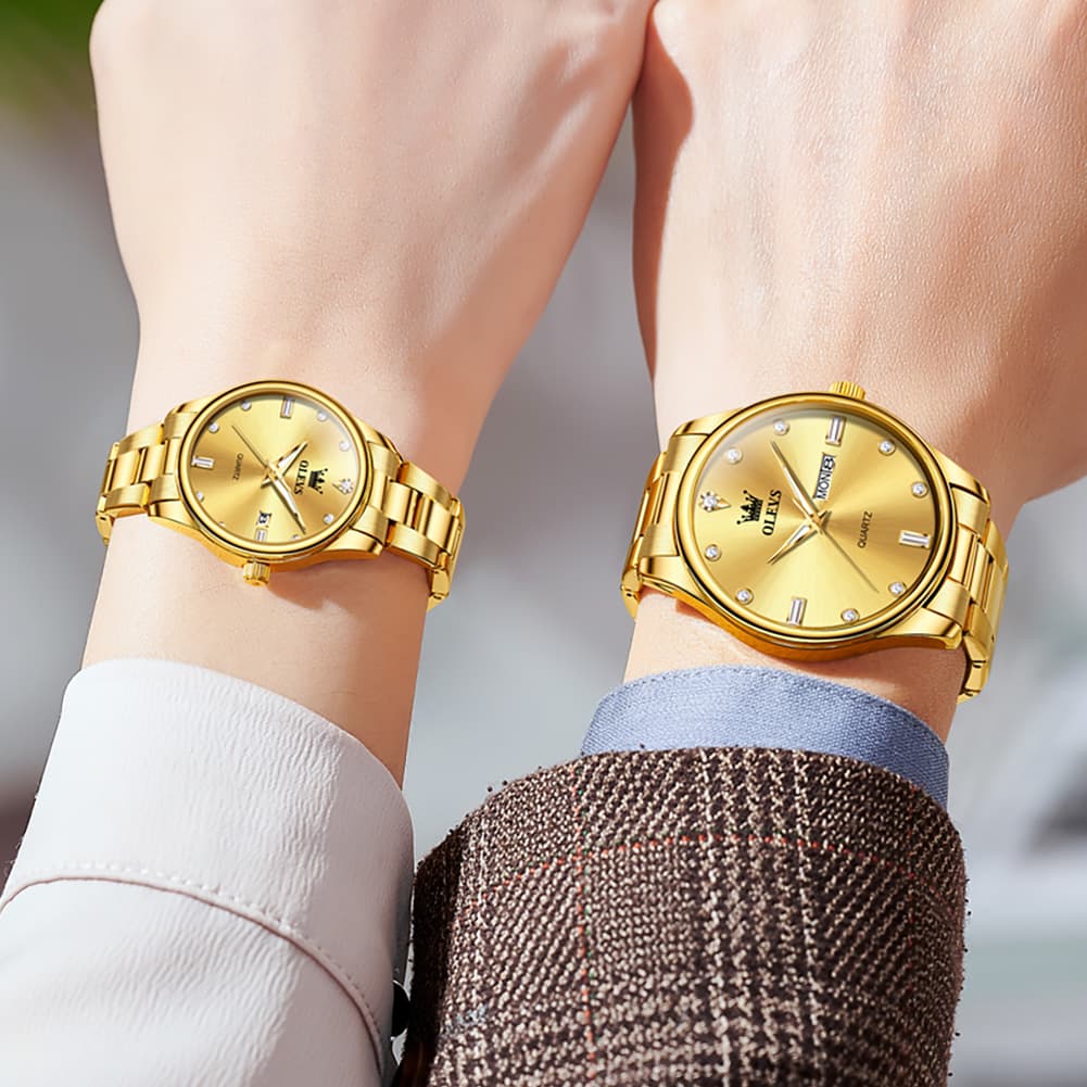 OLEVS 3621Q Minimalist Diamond Quartz Couple Watches Set - All Gold Watch | Olevs Watch Store