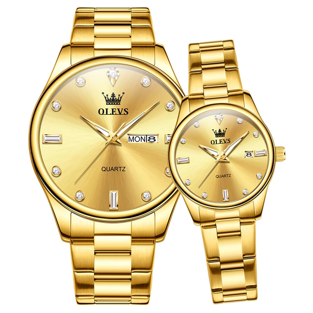 OLEVS 3621Q Minimalist Diamond Quartz Couple Watches Set - All Gold Watch | Olevs Watch Store