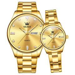OLEVS 3621Q Minimalist Diamond Quartz Couple Watches Set - All Gold Watch | Olevs Watch Store