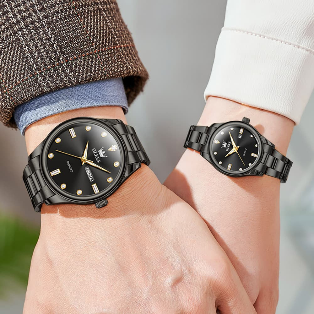 OLEVS 3621Q Minimalist Diamond Quartz Couple Watches Set - All Gold Watch | Olevs Watch Store