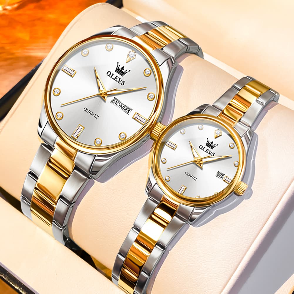 OLEVS 3621Q Minimalist Diamond Quartz Couple Watches Set - All Gold Watch | Olevs Watch Store