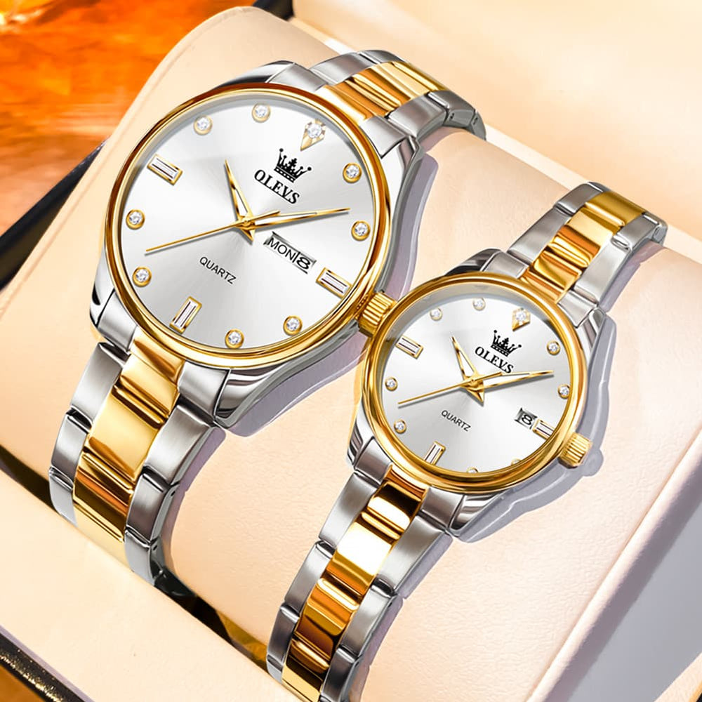 OLEVS 3621Q Minimalist Diamond Quartz Couple Watches Set - All Gold Watch | Olevs Watch Store