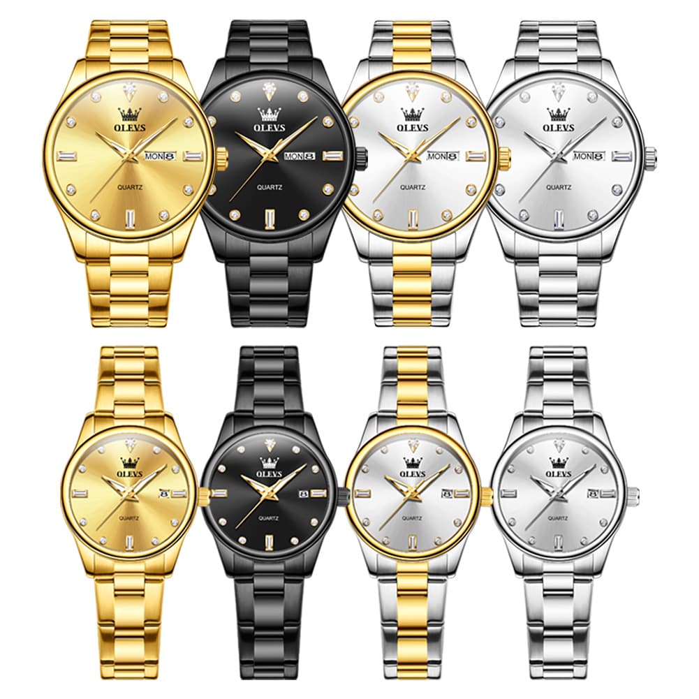 OLEVS 3621Q Minimalist Diamond Quartz Couple Watches Set - All Gold Watch | Olevs Watch Store