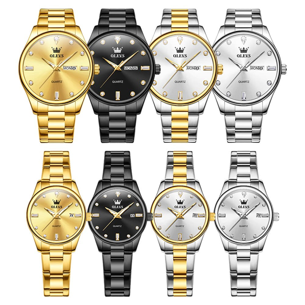OLEVS 3621Q Minimalist Diamond Quartz Couple Watches Set - All Gold Watch | Olevs Watch Store