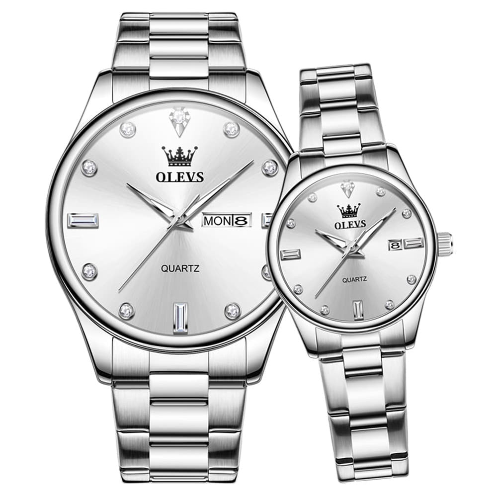 OLEVS 3621Q Minimalist Diamond Quartz Couple Watches Set - Silver White Watch | Olevs Watch Store