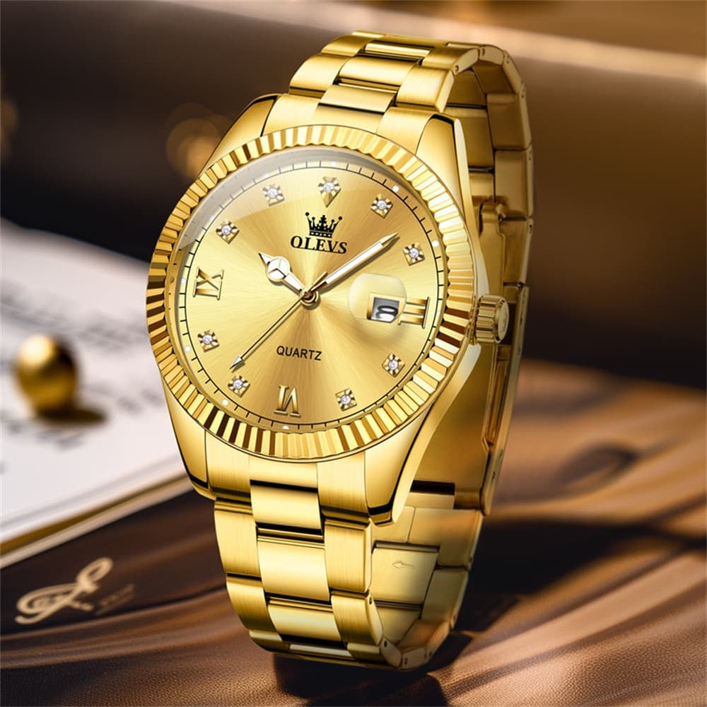 OLEVS 3623 Fluted Bezel Diamond Quartz Watch for Men - All Gold Watch | Olevs Watch Store