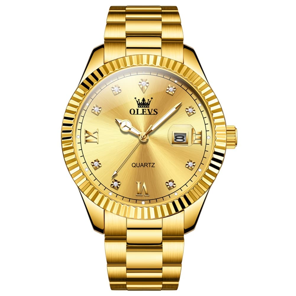OLEVS 3623 Fluted Bezel Diamond Quartz Watch for Men - All Gold Watch | Olevs Watch Store