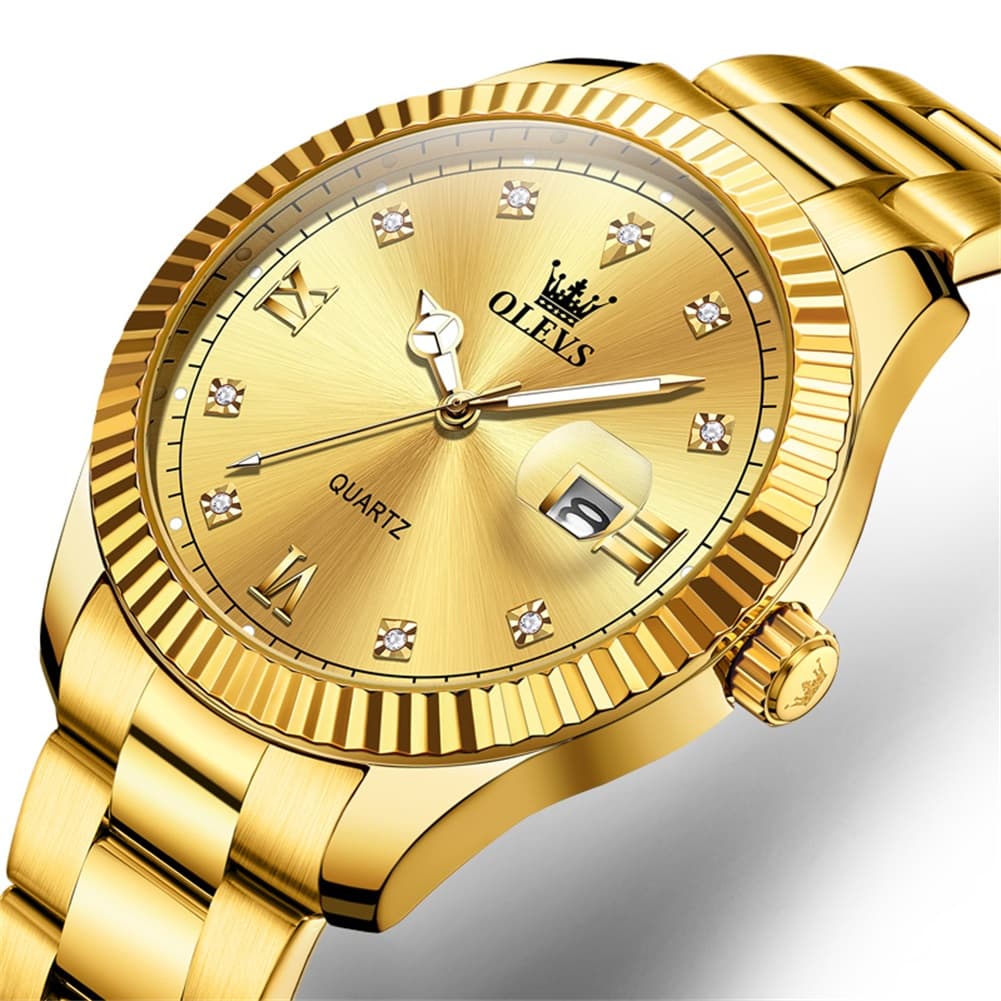OLEVS 3623 Fluted Bezel Diamond Quartz Watch for Men - All Gold Watch | Olevs Watch Store