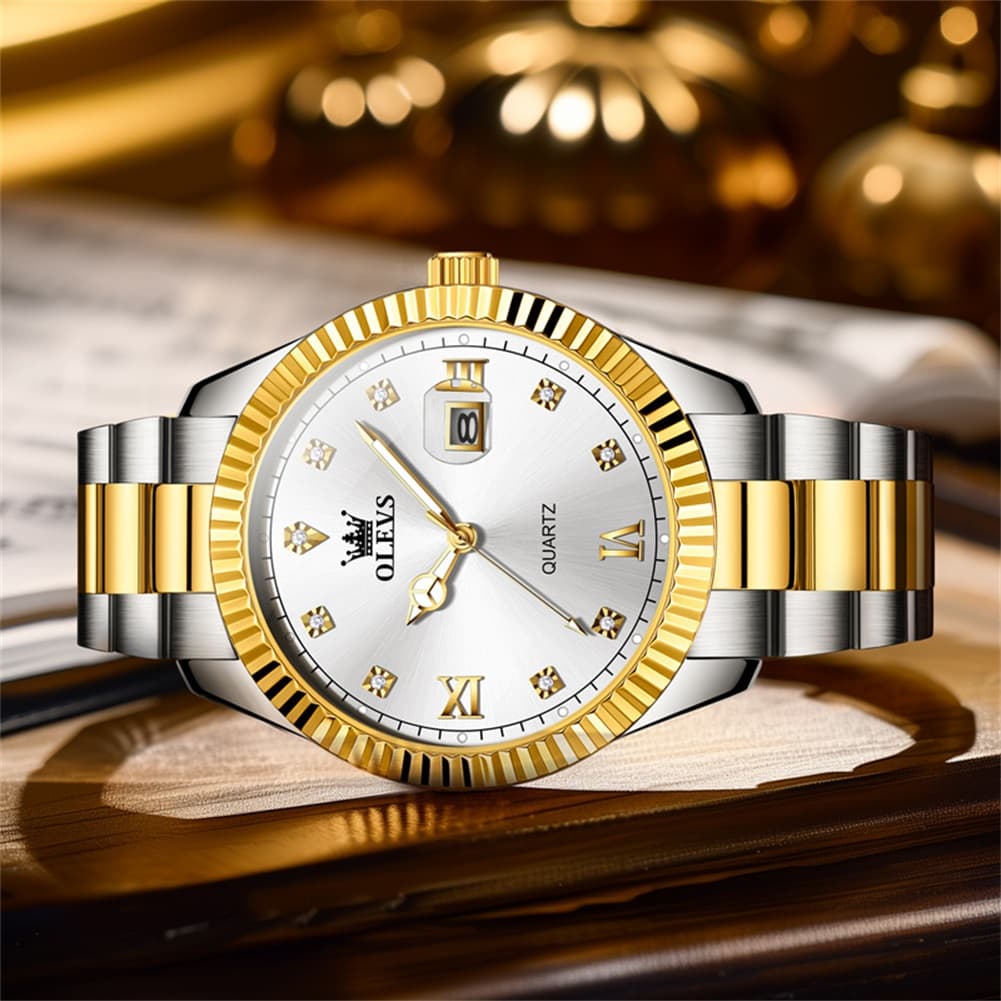 OLEVS 3623 Fluted Bezel Diamond Quartz Watch for Men - All Gold Watch | Olevs Watch Store