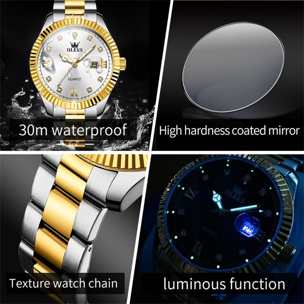 OLEVS 3623 Fluted Bezel Diamond Quartz Watch for Men - All Gold Watch | Olevs Watch Store