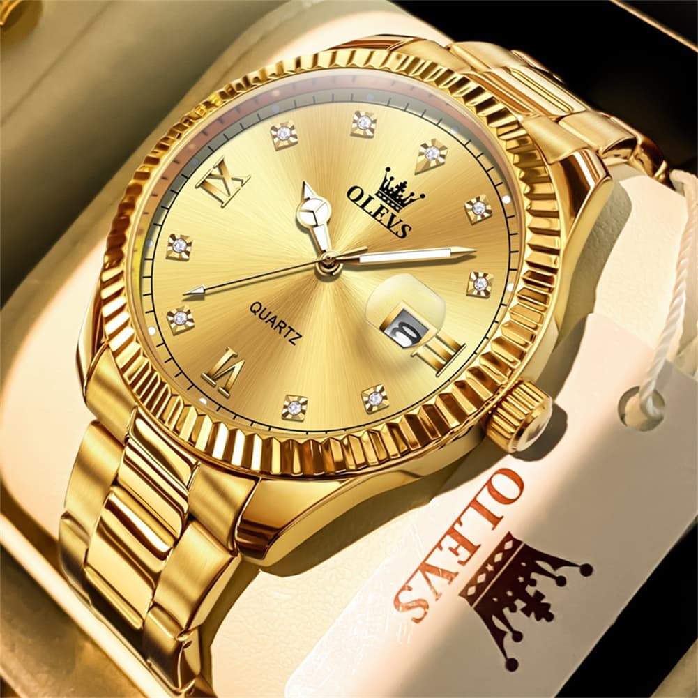 OLEVS 3623 Fluted Bezel Diamond Quartz Watch for Men - All Gold Watch | Olevs Watch Store