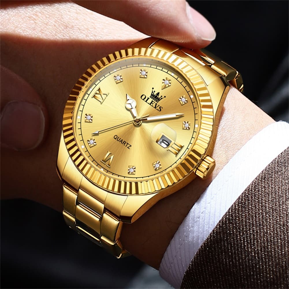 OLEVS 3623 Fluted Bezel Diamond Quartz Watch for Men - All Gold Watch | Olevs Watch Store