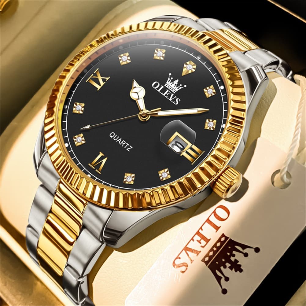OLEVS 3623 Fluted Bezel Diamond Quartz Watch for Men - All Gold Watch | Olevs Watch Store