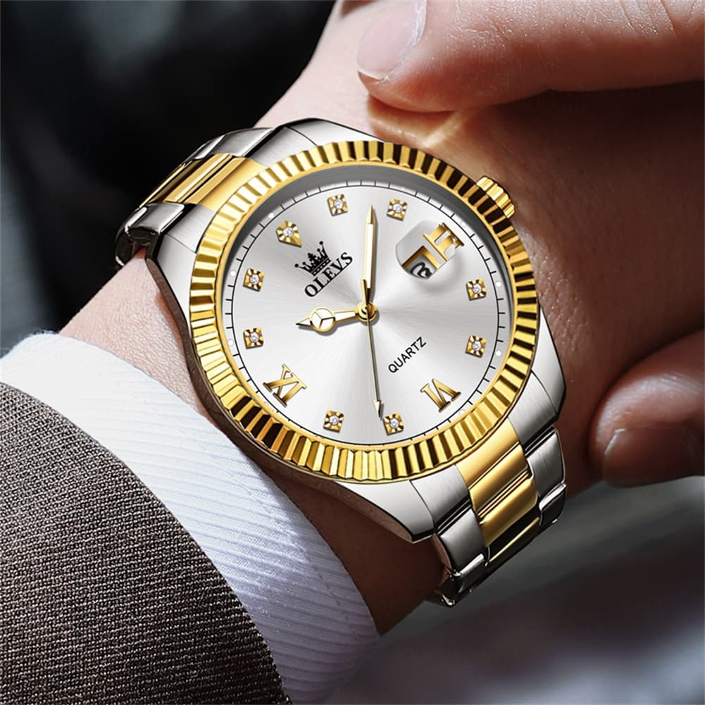 OLEVS 3623 Fluted Bezel Diamond Quartz Watch for Men - All Gold Watch | Olevs Watch Store