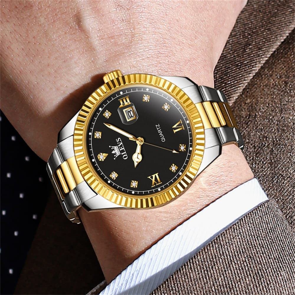 OLEVS 3623 Fluted Bezel Diamond Quartz Watch for Men - All Gold Watch | Olevs Watch Store