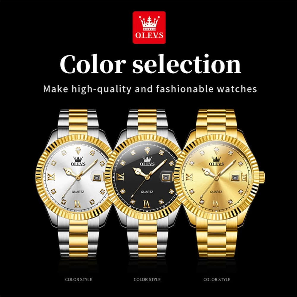OLEVS 3623 Fluted Bezel Diamond Quartz Watch for Men - All Gold Watch | Olevs Watch Store