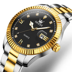 OLEVS 3623 Fluted Bezel Diamond Quartz Watch for Men - Two Tone Black Watch | Olevs Watch Store