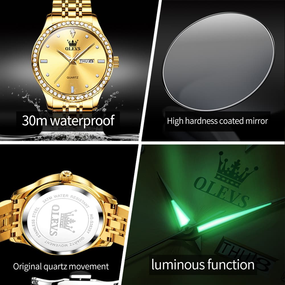 OLEVS 3625 Diamond Bezel Quartz Steel Watch for Men - All Gold Watch | Olevs Watch Store
