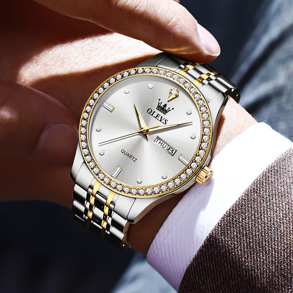 OLEVS 3625 Diamond Bezel Quartz Steel Watch for Men - All Gold Watch | Olevs Watch Store