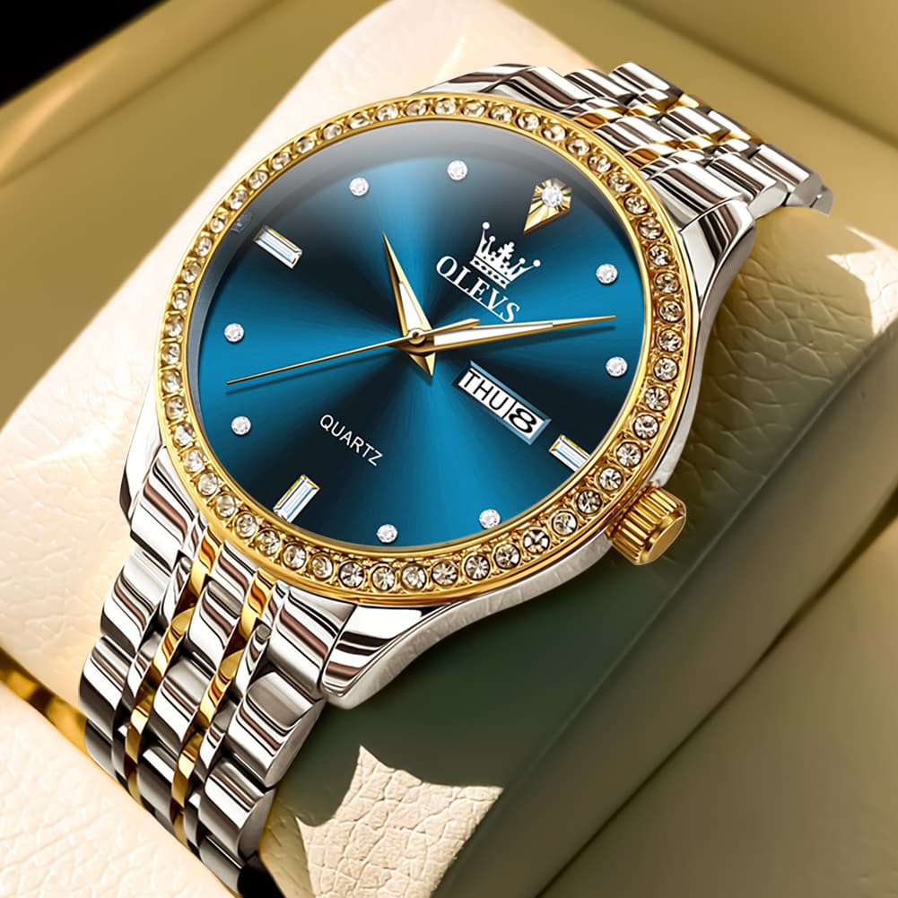 OLEVS 3625 Diamond Bezel Quartz Steel Watch for Men - All Gold Watch | Olevs Watch Store