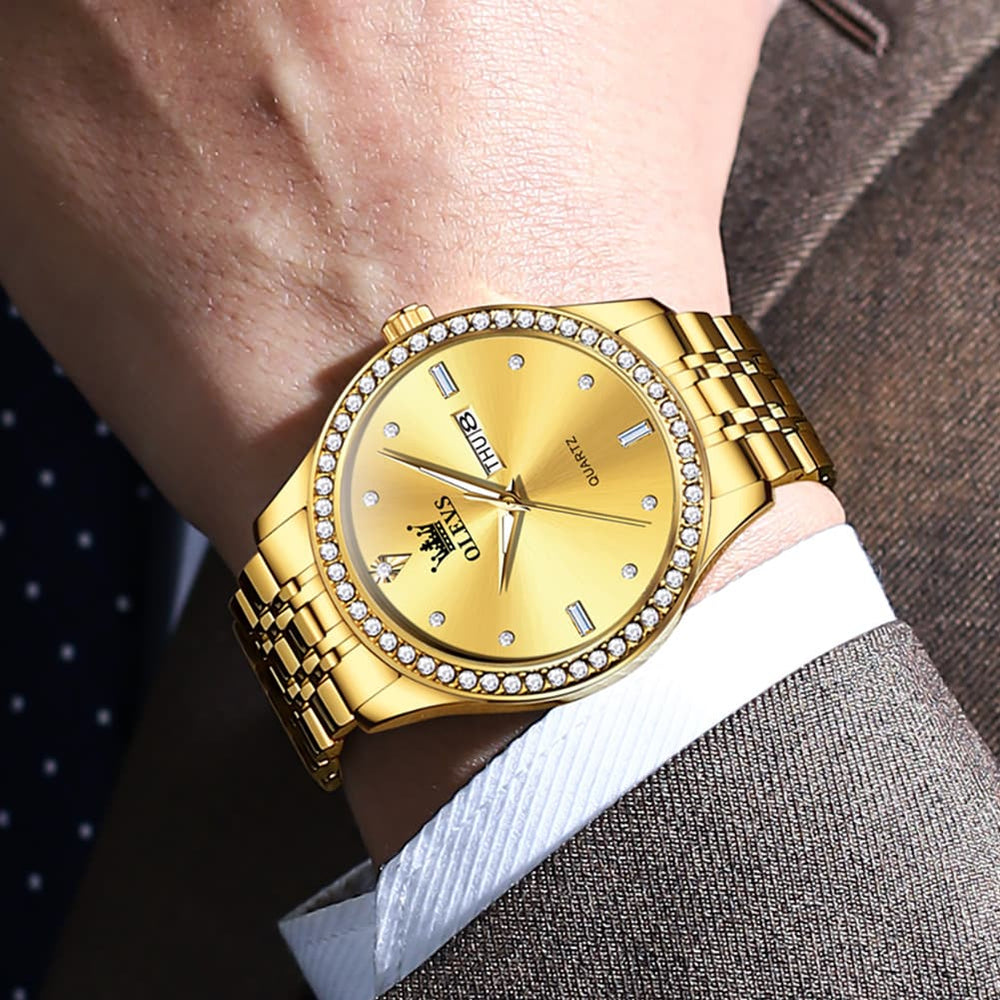 OLEVS 3625 Diamond Bezel Quartz Steel Watch for Men - All Gold Watch | Olevs Watch Store