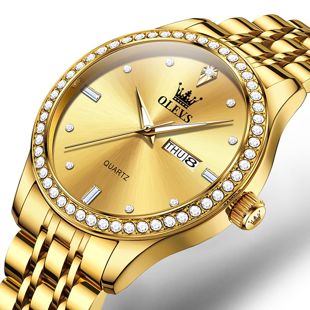 OLEVS 3625 Diamond Bezel Quartz Steel Watch for Men - All Gold Watch | Olevs Watch Store