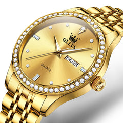 OLEVS 3625 Diamond Bezel Quartz Steel Watch for Men - All Gold Watch | Olevs Watch Store