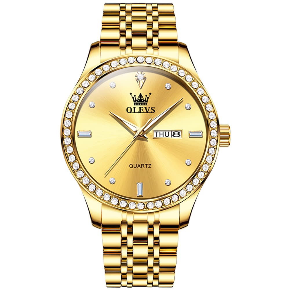 OLEVS 3625 Diamond Bezel Quartz Steel Watch for Men - All Gold Watch | Olevs Watch Store