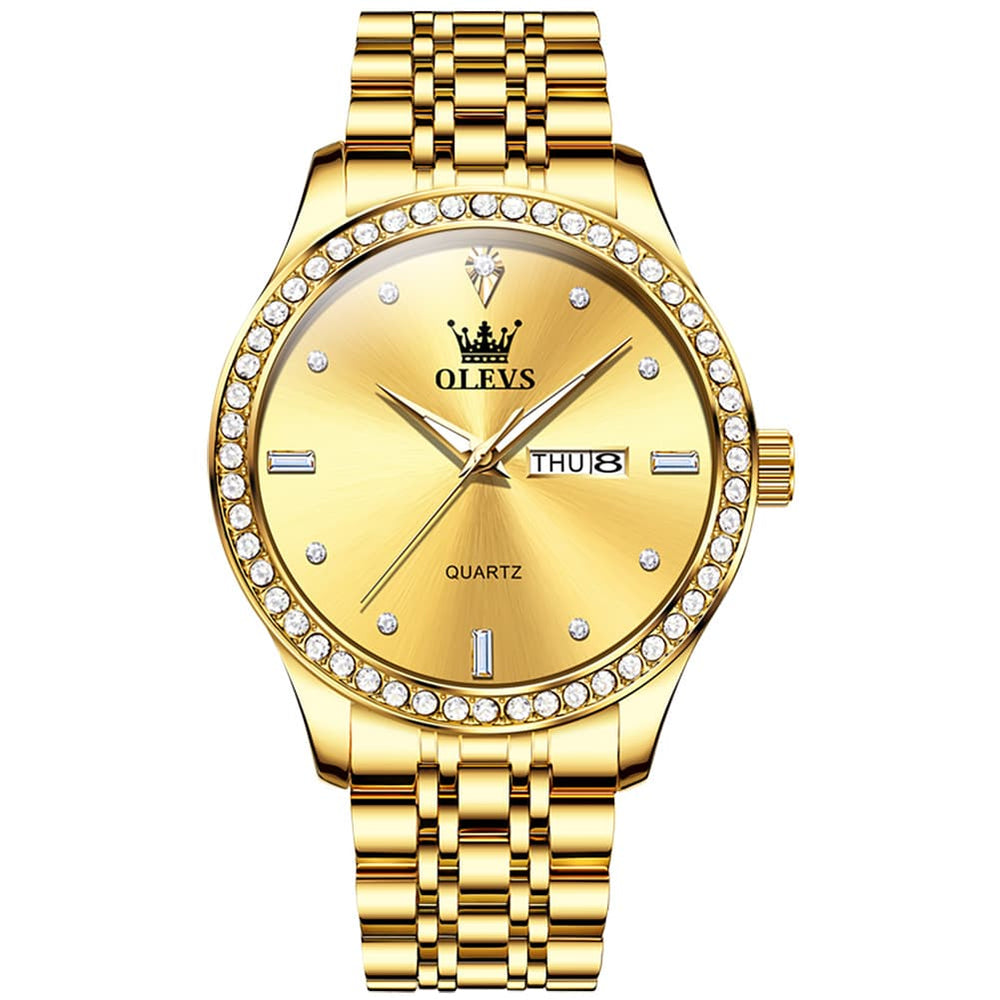 OLEVS 3625 Diamond Bezel Quartz Steel Watch for Men - All Gold Watch | Olevs Watch Store