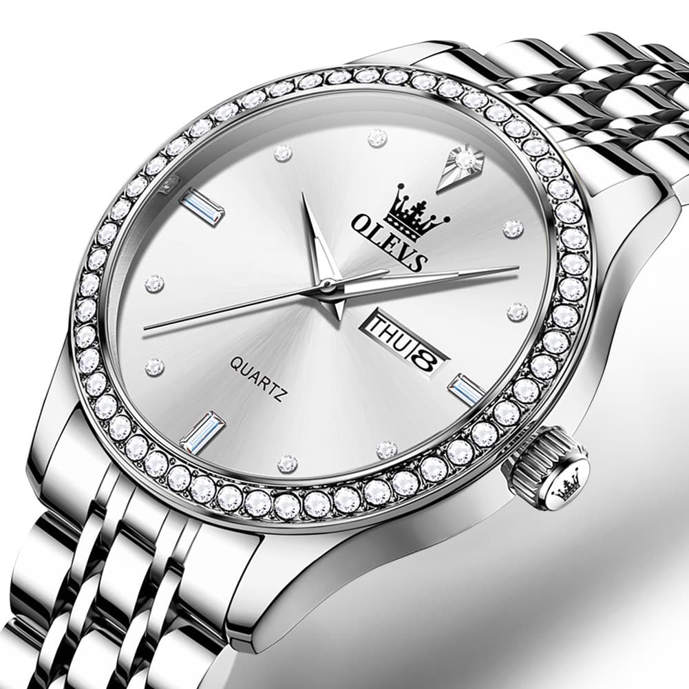 OLEVS 3625 Diamond Bezel Quartz Steel Watch for Men - Silver White Watch | Olevs Watch Store