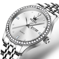 OLEVS 3625 Diamond Bezel Quartz Steel Watch for Men - Silver White Watch | Olevs Watch Store
