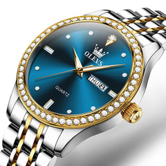 OLEVS 3625 Diamond Bezel Quartz Steel Watch for Men - Two Tone Blue Watch | Olevs Watch Store