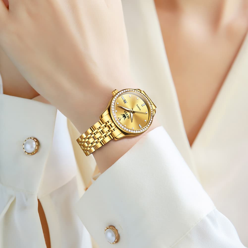 OLEVS 3625 Diamond Bezel Quartz Steel Watch for Women - All Gold Watch | Olevs Watch Store