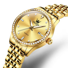 OLEVS 3625 Diamond Bezel Quartz Steel Watch for Women - All Gold Watch | Olevs Watch Store