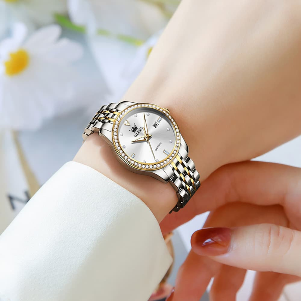 OLEVS 3625 Diamond Bezel Quartz Steel Watch for Women - All Gold Watch | Olevs Watch Store