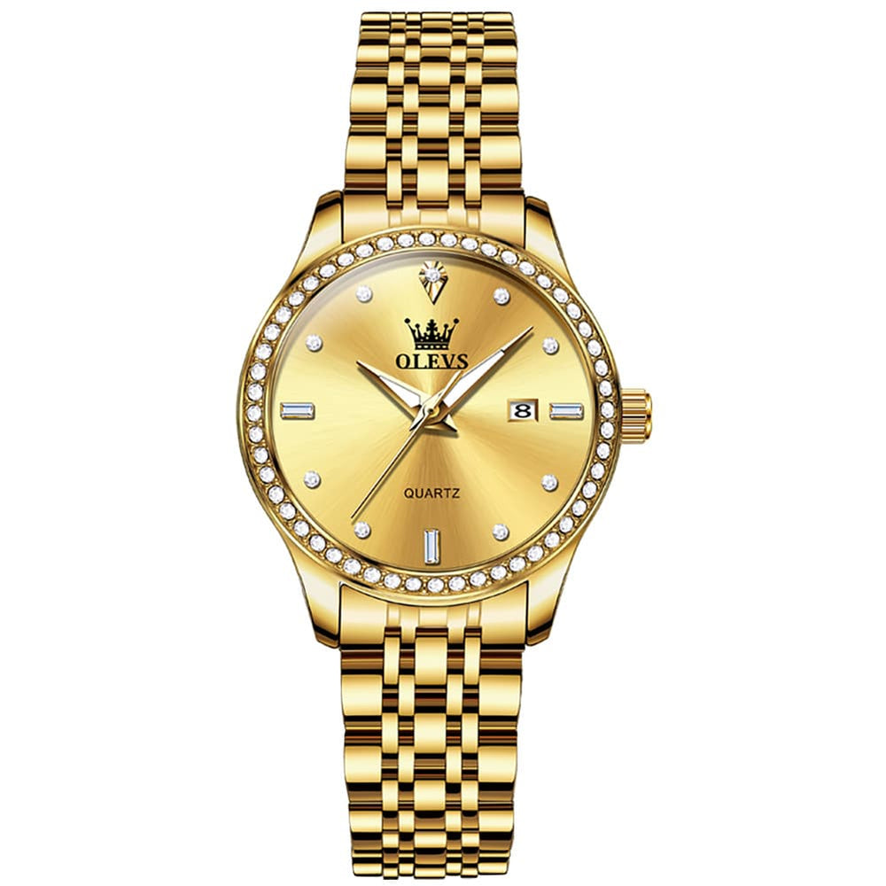 OLEVS 3625 Diamond Bezel Quartz Steel Watch for Women - All Gold Watch | Olevs Watch Store