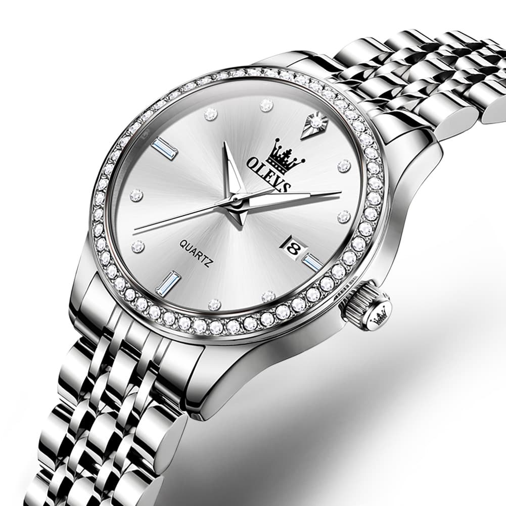 OLEVS 3625 Diamond Bezel Quartz Steel Watch for Women - Silver White Watch | Olevs Watch Store