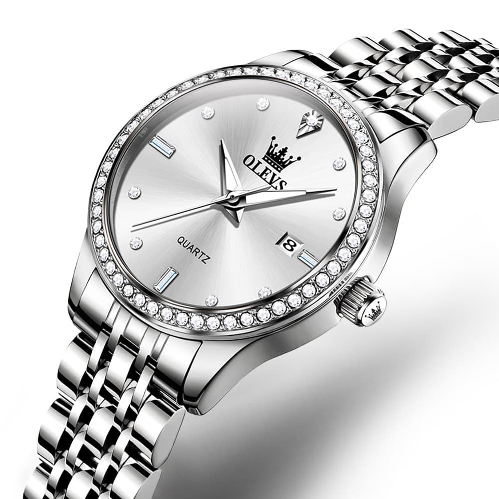 OLEVS 3625 Diamond Bezel Quartz Steel Watch for Women - Silver White Watch | Olevs Watch Store