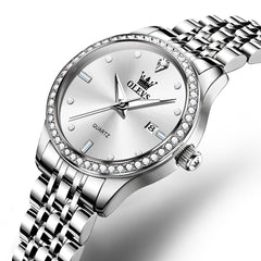 OLEVS 3625 Diamond Bezel Quartz Steel Watch for Women - Silver White Watch | Olevs Watch Store