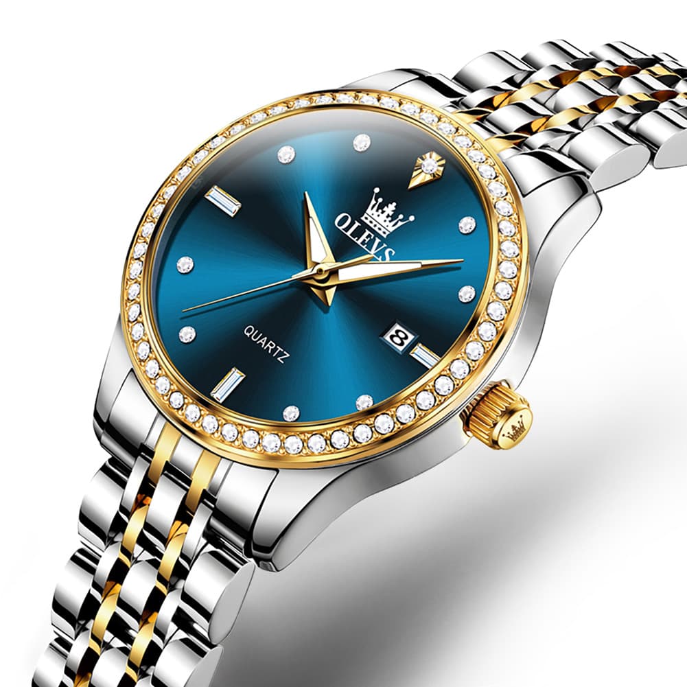OLEVS 3625 Diamond Bezel Quartz Steel Watch for Women - Two Tone Blue Watch | Olevs Watch Store