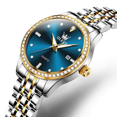 OLEVS 3625 Diamond Bezel Quartz Steel Watch for Women - Two Tone Blue Watch | Olevs Watch Store