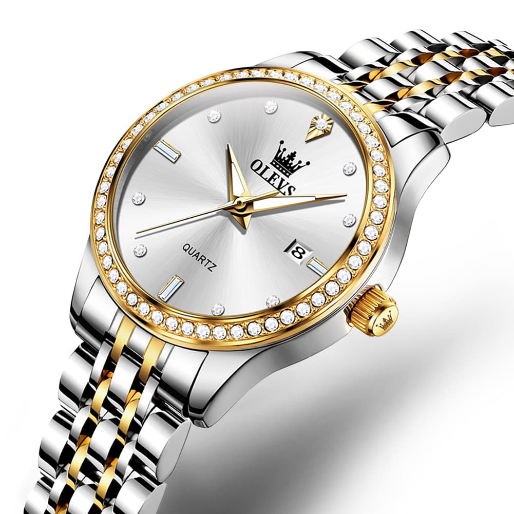 OLEVS 3625 Diamond Bezel Quartz Steel Watch for Women - Two Tone White Watch | Olevs Watch Store