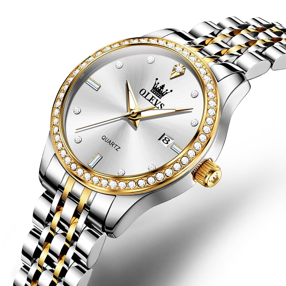OLEVS 3625 Diamond Bezel Quartz Steel Watch for Women - Two Tone White Watch | Olevs Watch Store