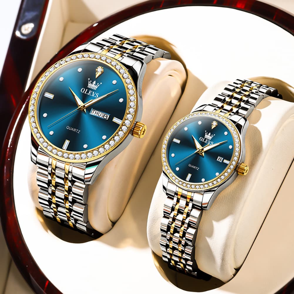 OLEVS 3625N Diamond Bezel Quartz Couple Watches Set - All Gold Watch | Olevs Watch Store
