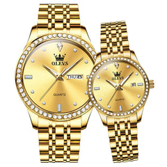 OLEVS 3625N Diamond Bezel Quartz Couple Watches Set - All Gold Watch | Olevs Watch Store